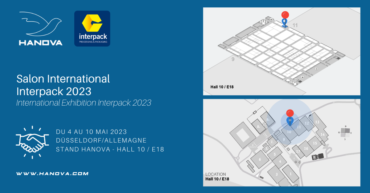 Hanova, parmi les 2700 exposants Interpack 2023. Les entreprises leader de l’industrie de l’emballage présenteront leurs gammes et leurs prestations au plus haut niveau international. 