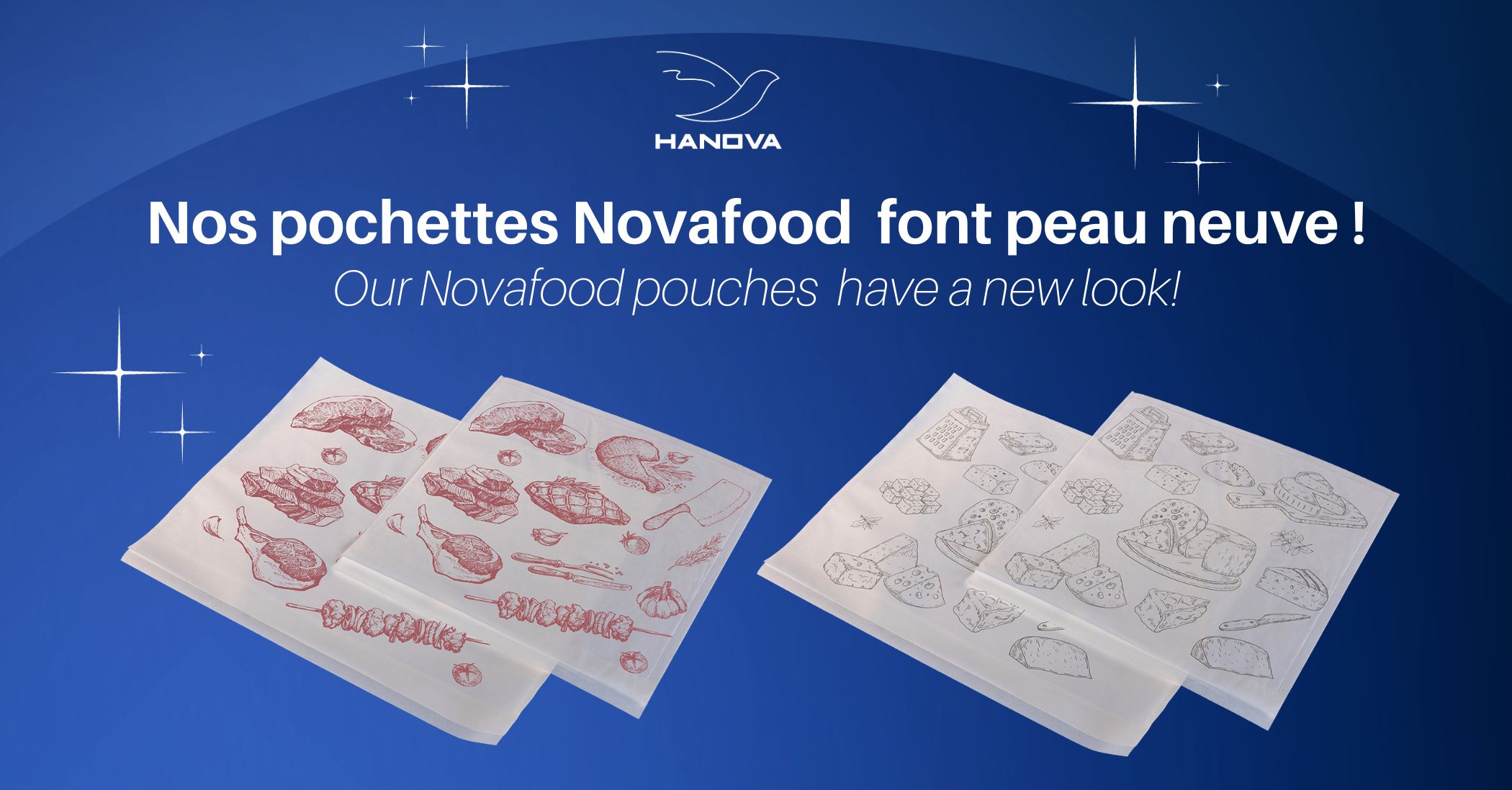 Nos pochettes alimentaires Novafood font peau neuve et s’étoffent avec 2 nouveautés ! Disponibles pour les rayons boucherie et fromagerie.