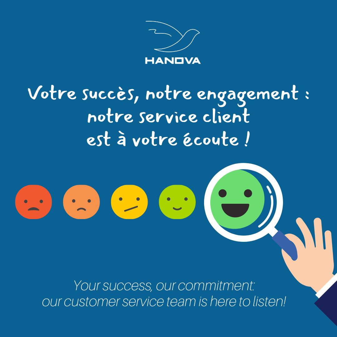 Une loupe avec des smileys allant du rouge en colère au vert content, une loupe est posée sur le smiley vert. Un traité graphique sur le visuel. texte : Votre succès, notre engagement : notre service client est à votre écoute !